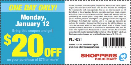 Shoppers Drug Mart $20 Off Coupon on Purchase of $75 or More (Jan 12)