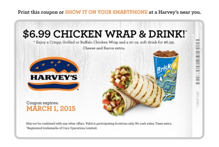 Harvey Printable Coupon- $6.99 for a Chicken Wrap & Soft Drink (Until Mar 1)