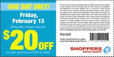 Shoppers Drug Mart $20 Off Coupon on Purchase of $75 or More (Feb 13)