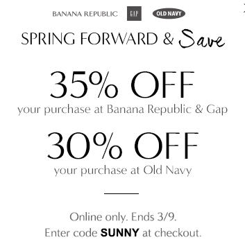 Gap & Banana Republic 35 Off Your Purchase, 30 Off Your Purchase at Old Navy (Mar 8-9)