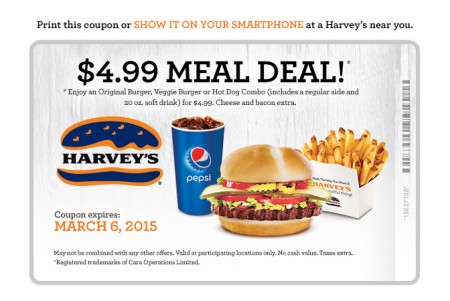 Harvey's $4.99 Meal Deal Coupon (Until Mar 6)