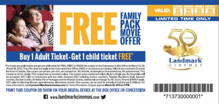 Landmark Cinemas BOGO Coupon - Buy 1 Adult Ticket, Get 1 Child Ticket FREE (Mar 22-26)