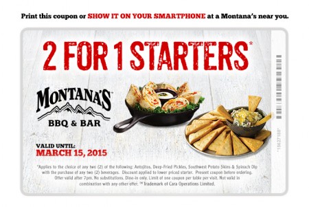 Montana's Cookhouse 2 For 1 Starters Coupon (Until Mar 15)