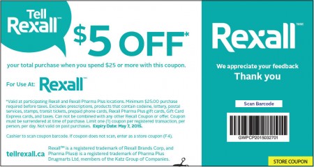 Rexall $5 Off When you Spend $25 Coupon (Until May 7)