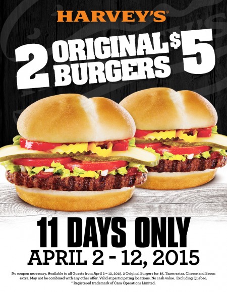 Harvey's 2 Original Burgers for $5 (Apr 2-12)