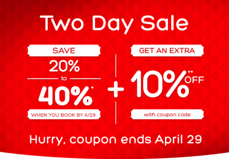 Hotels Two Day Sale - Up to 40 Off + Extra 10 Off Coupon Code (Apr 28-29)