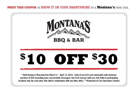 Montana's Cookhouse $10 Off $30 Meal Coupon (Until Apr 13)