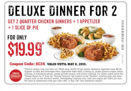 Swiss Chalet $19.99 for Deluxe Dinner for 2 Coupon (Until May 8)