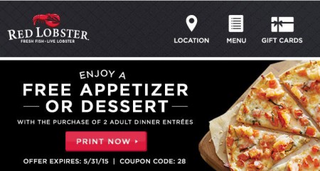 Red Lobster Free Appetizer or Dessert with Purchase of 2 Adult Dinner Entrees Coupon (Until May 31)