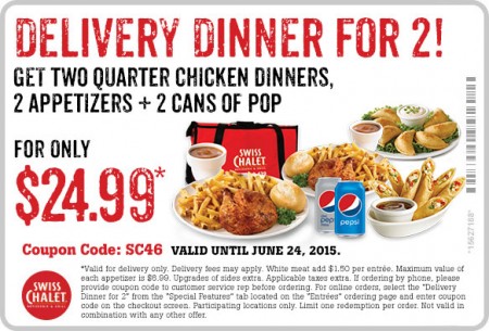 Swiss Chalet $24.99 for Delivery Dinner for 2 Coupon (Until June 24)