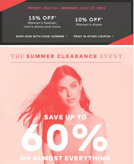 Hudson's Bay Summer Clearance Event - Save up to 60 Off + Extra 15 Off Promo Code (July 24-27)