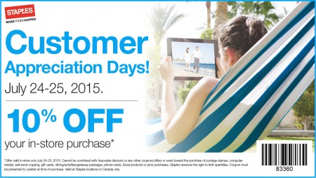Staples Customer Appreciation Days - 10 Off In-Store Purchase Coupon (July 24-25)