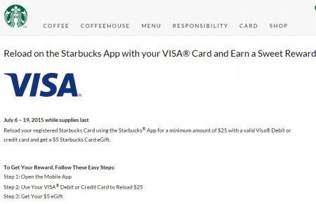 Starbucks Free $5 Starbucks Card eGift with $25 Mobile App Visa Reload (July 6-19)