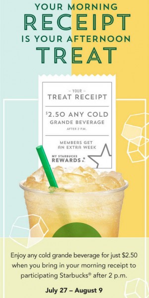 Starbucks Treat Receipt - Bring Back Morning Receipt, Get a Grande Beverage for $2.50 (July 27 - Aug 9)