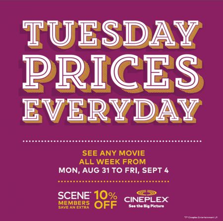 Cineplex Tuesday Prices Everyday (Aug 31 - Sept 4)