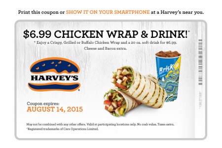 Harvey's Printable Coupon - $6.99 for a Chicken Wrap and Drink (Until Aug 14)