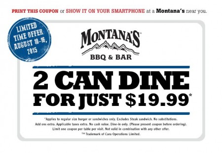 Montana's BBQ and Bar 2 Can Dine for $19.99 Coupon (Aug 10-16)