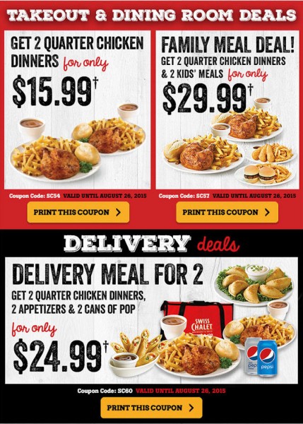 Swiss Chalet Printable Coupons - 2 Can Dine, Family Meal Deal, and Delivery Meal (Until Aug 26)