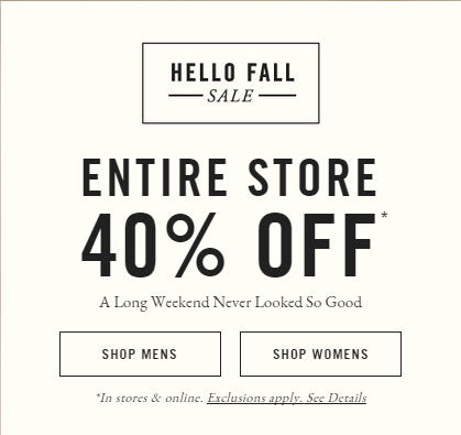 Abercrombie & Fitch 40 Off Entire Store and Online (Sept 3-7)