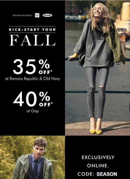 Gap 40 Off Entire Purchase; and 35 Off at Banana Republic & Old Navy (Sept 22-23)