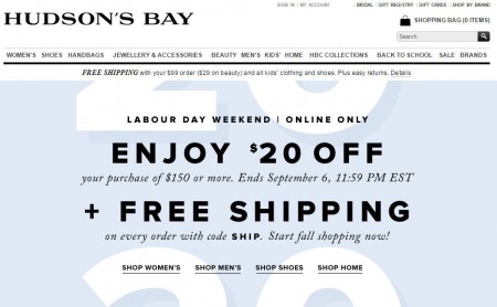 Hudson's Bay Free Shipping All Orders + $20 Off Purchase of $150 (Sept 4-6)