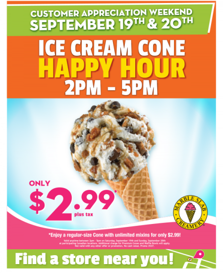 Marble Slab Creamery Customer Appreciation - $2.99 Ice Cream Happy Hour from 2-5pm (Sept 19-20)