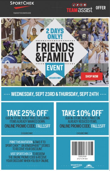 Sport Chek Friends & Family Event - 25 Off Regular Priced Items, 10 Off Sale Items (Sept 23-24)