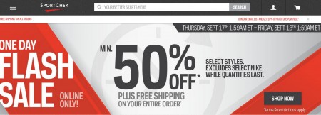 Sport Chek One-Day Flash Sale - Minimun 50 Off + Free Shipping on All Orders (Sept 17)