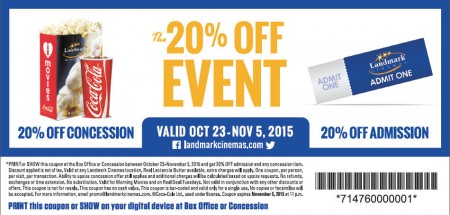 Landmark Cinemas 20 Off Event - 20 Off Admission Tickets and Concession (Oct 23 - Nov 5)