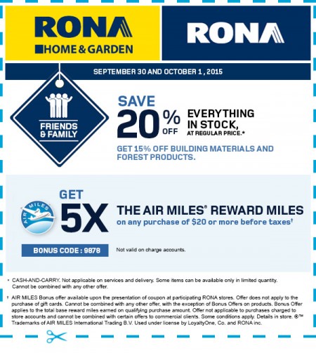 RONA Friends & Family - 20 Off Everything in Stock Coupon (Sept 30 - Oct 1)