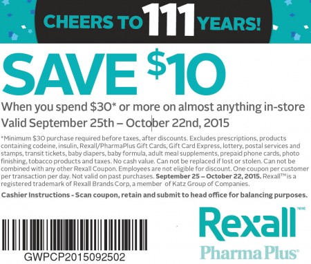 Rexall $10 Off When you Spend $30 Coupon (Until Oct 22)