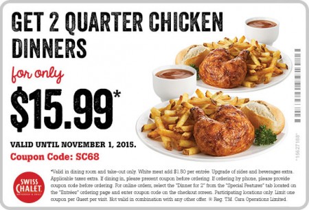 Swiss Chalet 2 Can Dine for $15.99 Coupon (Until Nov 1)