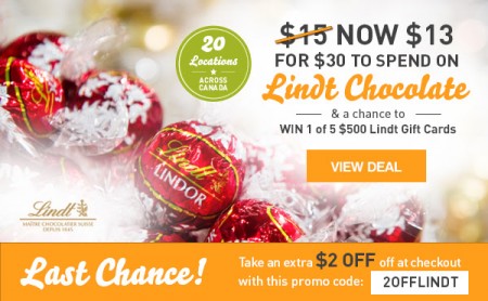 WagJag -Extra $2 Off Promo Code - $13 for $30 towards Lindt Chocolates Valid at 20 Locations Across Canada (50 Off)