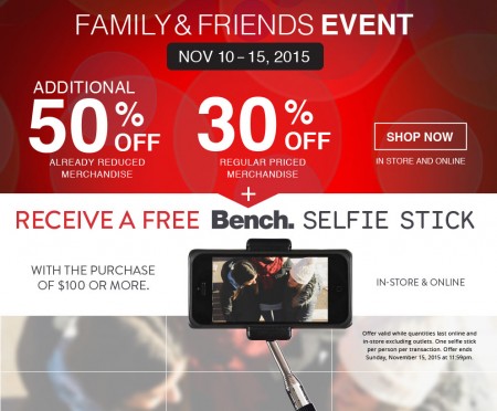 Bench Family & Friends Sale - 30 Off Regular Priced Items, Extra 50 Off Sale Items (Nov 10-15)