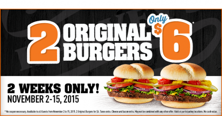 Harvey's 2 Original Burgers for only $6 (Nov 2-15)