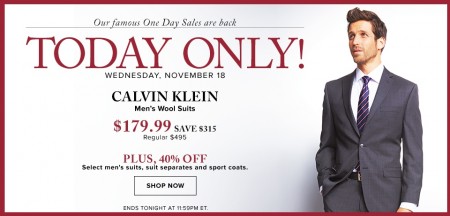 Hudson's Bay One Day Sales - $179.99 for Calvin Klein Men's Wool Suits (Nov 18)