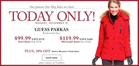 Hudson's Bay One Day Sales - Save up to 64 Off Guess Parkas (Nov 16)