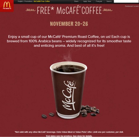 McDonalds FREE McCafe Coffee (Nov 20-26)