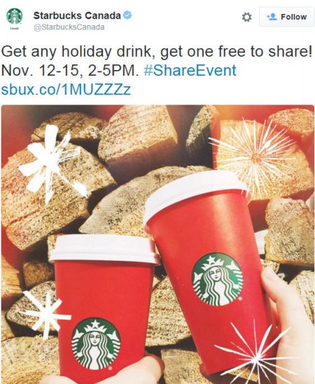 Starbucks BOGO - Buy One Holiday Drink, Get One Free (Nov 12-15, 2-5pm)