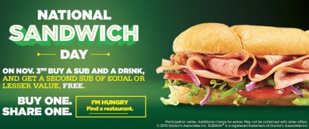 Subway National Sandwich Day - Buy a Sub and Drink, Get 2nd Sub Free (Nov 3)