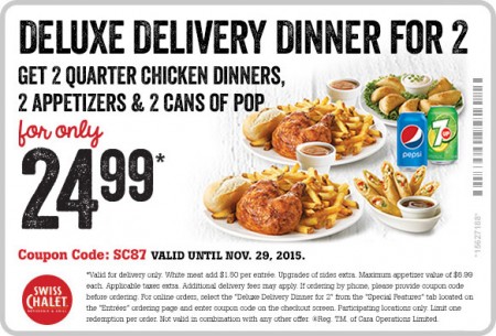 Swiss Chalet $24.99 for Deluxe Delivery Dinner for 2 Coupon (Until Nov 29)