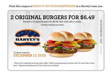 Harvey's 2 Original Burgers for $6.49 Coupon (Until Dec 17)