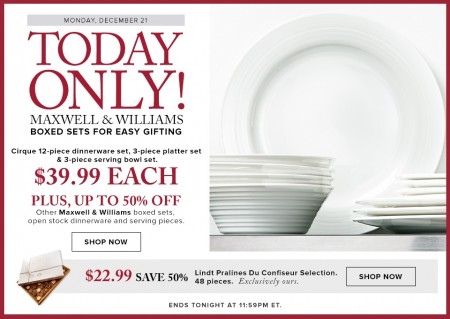 Hudson's Bay Today Only - $39.99 for Maxwell & Williams Dinnerware Boxed Sets (Dec 21)