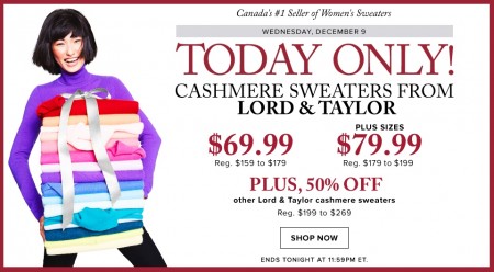 Hudson's Bay Today Only - $69.99 for Cashmere Sweaters by Lord & Taylor - Up to 61 Off (Dec 9)