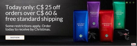 Starbucks Store Today Only - $25 Off Orders Over $60 + Free Shipping (Dec 10)