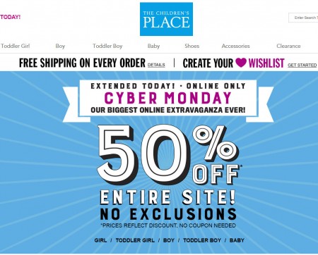 The Children's Place Cyber Monday Extended - 50 Off Entire Site + Free Shipping (Dec 1)