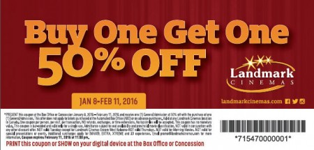 Landmark Cinemas BOGO 50 Off Coupon - Buy One General Admission, Get One 50 Off (Jan 8 - Feb 11)