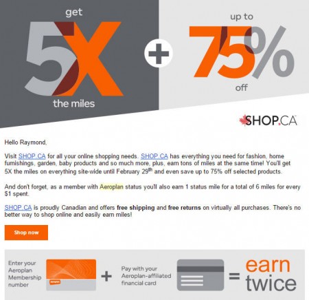 Aeroplan Get 5X the Miles + Save up to 75 Off on SHOP.CA (Until Feb 29)