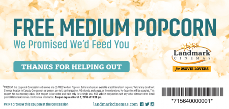 Landmark Cinemas FREE Medium Popcorn Coupon (Until Mar 2)