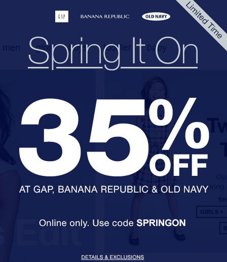 GAP, Banana Republic, and Old Navy 35 Off Online Purchase Promo Code (Mar 6-7)